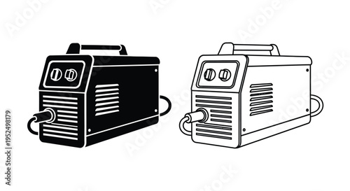 Two welding machines one solid and one outline shown as a silhouette