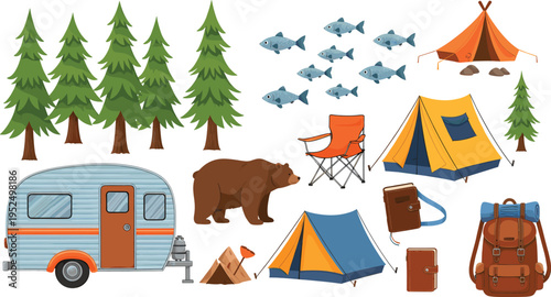 A collection of colorful outdoor camping equipment and wildlife icons for nature adventure design isolated on white background, Vector