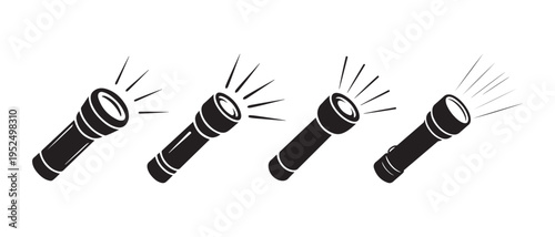 Four flashlights shining brightly in a row with beams of light.