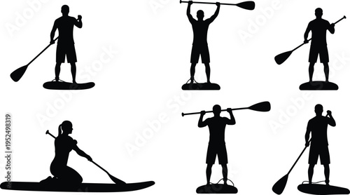 Stand up paddle boarding silhouettes set, people paddling on SUP board water sport activity isolated on white background illustration
