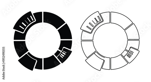 Two circular diagrams with segmented sections contrasting black and white silhouette