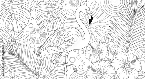 A detailed coloring page illustration featuring a graceful flamingo amidst tropical floral plants isolated on white background, Vector