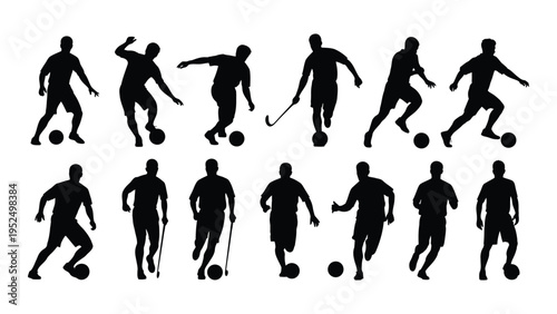 Black silhouettes of soccer players in various poses