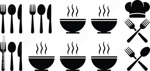 Restaurant kitchen icons set, spoon fork knife soup bowl and chef hat cooking dining food service vector silhouettes collection