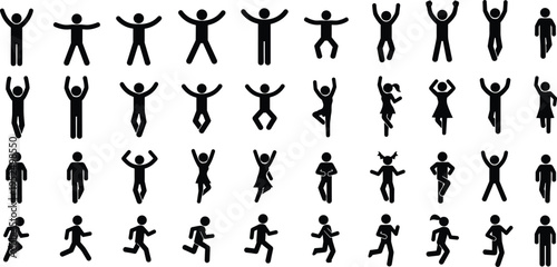 Stick figure people silhouettes set, jumping running walking and standing icons collection, human activity symbols isolated vector illustration