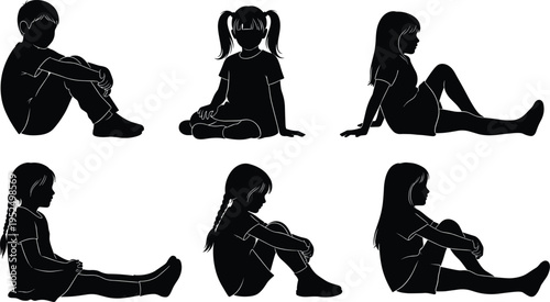 Little girls sitting silhouettes collection, children seated in different poses isolated illustration set for childhood, kids activity and lifestyle concept