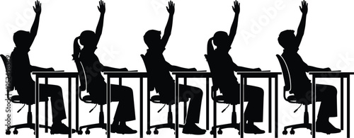 Students raising hands in classroom silhouettes, school children sitting at desk asking question, education learning concept isolated on white background