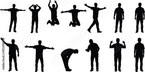 Man silhouette poses collection, male standing jumping gestures set, human body language actions, casual person movements, isolated black figure vector illustration pack
