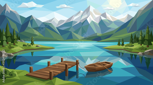 A serene low poly illustration of a mountain lake with a wooden dock and boat, reflecting the sunny sky and snow-capped peaks.