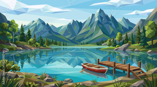 A serene mountain landscape in a low poly vector style, featuring a red boat at a wooden dock on a calm lake with reflections of the forest and peaks.
