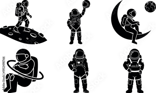 Collection of astronauts in various spacethemed poses isolated on transparent background