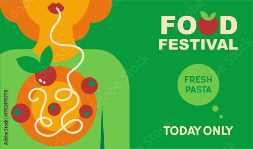 Italian pasta food festival banner with spaghetti and culinary symbols in geometric style, template