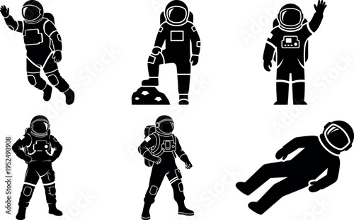 Collection of astronauts in different poses and activities isolated illustration set