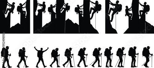 Mountain climbing and hiking silhouettes collection with climbers on rock and backpack hikers walking with trekking poles, adventure outdoor illustration set