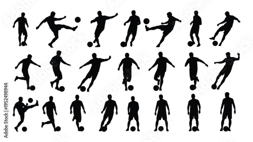 A collection of black silhouettes of soccer players in various poses