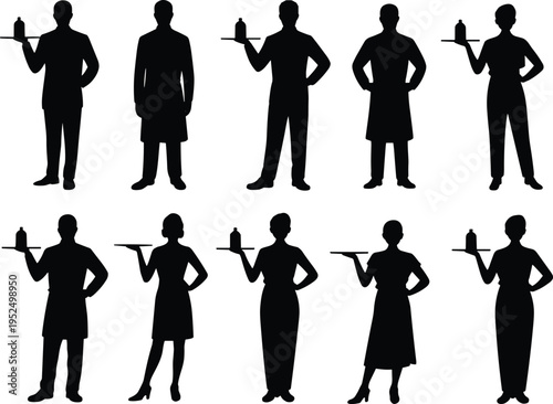 Restaurant waiter and waitress silhouettes set, hospitality service staff holding trays with food and drinks catering team vector isolated