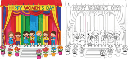 Happy children on theater stage holding flowers for Happy Women's Day celebration, school performance coloring page for kids and students
