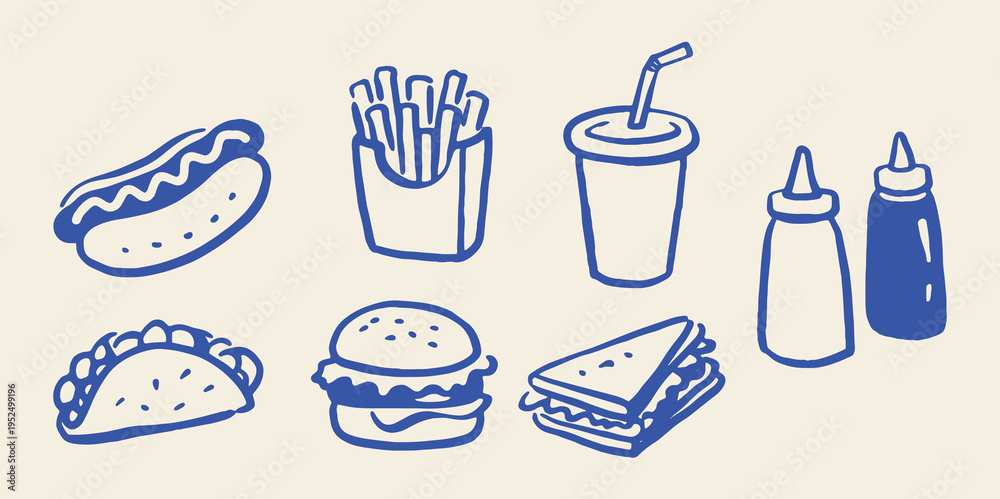 Fototapeta premium Fast food elements set outline sketch vector illustration