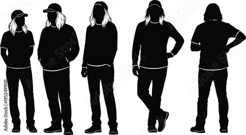 Young woman casual outfit silhouettes set, female standing poses with cap and hoodie, urban lifestyle characters isolated vector