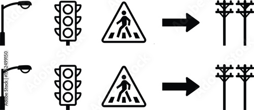 Traffic and road infrastructure icons set with street light traffic signal pedestrian crossing arrow direction electric pole vector symbols
