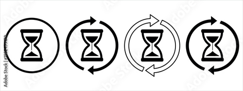 Minimalist vector illustration of hourglasses arranged in a circular sequence, symbolizing continuous time flow, ideal for business, productivity, and project management visuals.