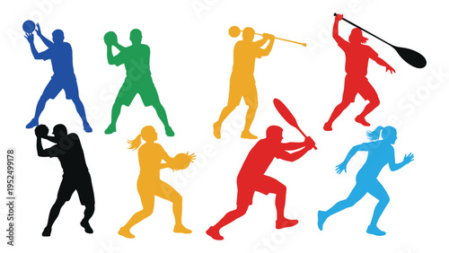 A group of people playing baseball in different colored uniforms