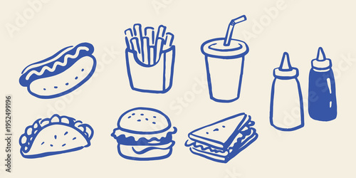 Fast food elements set outline sketch vector illustration