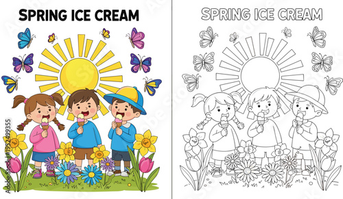 Happy children eating ice cream cones in a spring flower garden with sunshine and butterflies, kids coloring page for kids