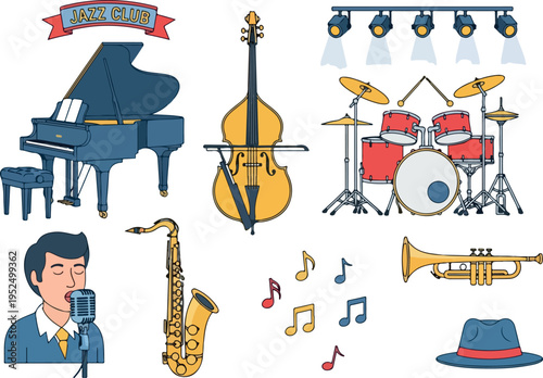 Vector illustrations of musical instruments, jazz club sign, and jazz musician performing with a microphone and trumpet