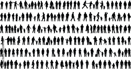 People silhouette collection with families, parents, children, couples and pedestrians walking, standing and interacting, community lifestyle, crowd characters vector illustration set