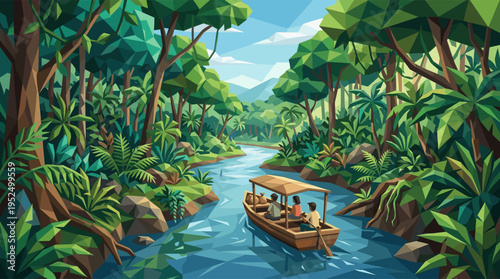 A vibrant, geometric illustration of a tour boat journeying down a tranquil river, surrounded by a lush tropical jungle landscape.
