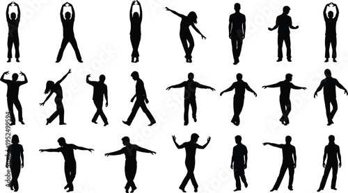 People silhouettes collection with expressive gestures, standing, walking and dancing poses, human body language characters isolated illustration set