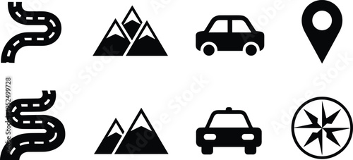 Travel navigation icon set, winding road mountain car taxi location pin and compass symbols, solid adventure map vector illustration collection