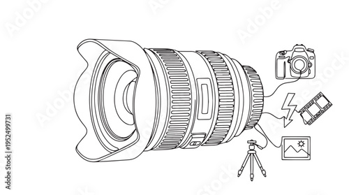 Detailed Black and White Outline Vector Illustration of a DSLR Camera Lens Connected to Photography Icons, Representing Creative Visual Content Production and Digital Media