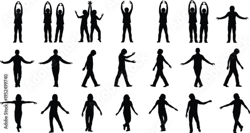 People silhouettes collection with raised arms, walking and open gestures, expressive human body language poses isolated illustration set