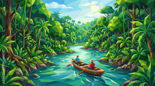 A vibrant low poly illustration of two people paddling a canoe down a serene river through a lush, green tropical jungle on a sunny day.