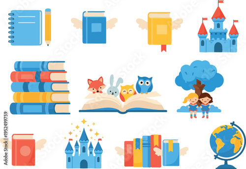 Collection of illustrations representing imagination, fantasy, and learning through books and educational elements like castles, globes, and animals