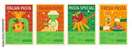Italian pasta label set with geometric food symbols, and spaghetti, packaging design collection