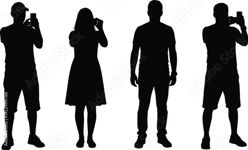 People taking photos silhouette set, smartphone photography poses collection, men and women capturing pictures isolated vector illustration pack