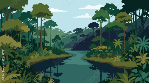 A serene vector illustration of a calm river winding through a dense tropical jungle, featuring lush green trees and foliage under a bright sky.