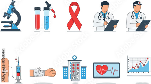 Collection of medical and healthcare-related icons, featuring scientific instruments, diagnostic tools, hospital facilities, and professional medical personnel