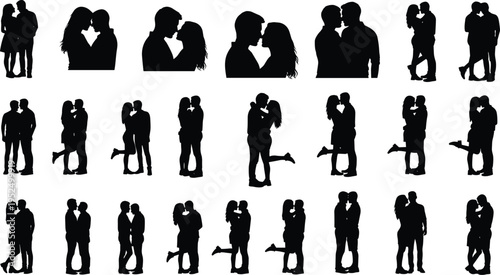 Romantic couple silhouettes collection with hugging and kissing lovers, relationship love poses, Valentine romance illustration set