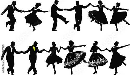Retro dance couple silhouettes collection, vintage swing and rock and roll dancers performing lively partner dance illustration set