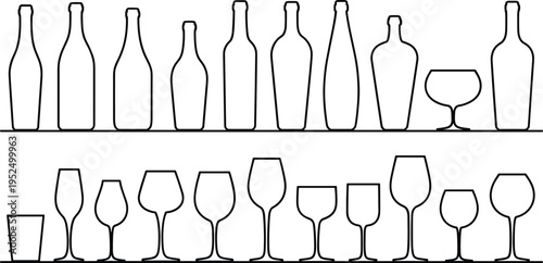 Wine bottles and glasses outline icons set, alcohol drink container collection for bar restaurant menu design vector illustration