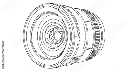 Detailed Black and White Outline Vector Illustration of a Modern Camera Lens with Aperture Blades Visible, Ideal for Photography, Technology, or Equipment Design Projects