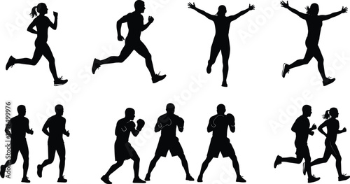 Running and fitness silhouette set, athletes jogging boxing jumping poses, sport activity people collection, workout training characters isolated vector illustration