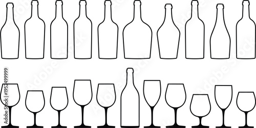 Wine bottles and glasses outline vector set, alcohol drink container icons for bar restaurant menu winery beverage collection isolated