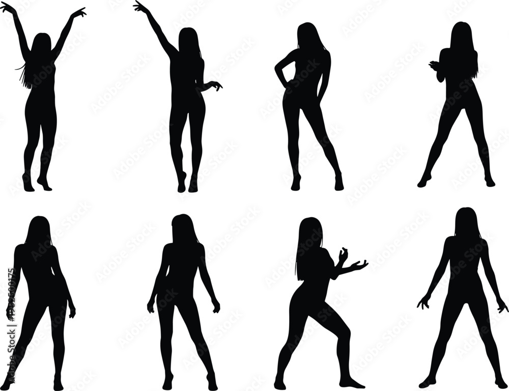 Obraz premium Sexy dancing woman silhouette set, female dance poses collection, fashion model body movement characters isolated vector illustration pack