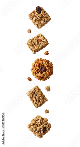 Assorted granola bars and bites with raisins isolated on transparent background