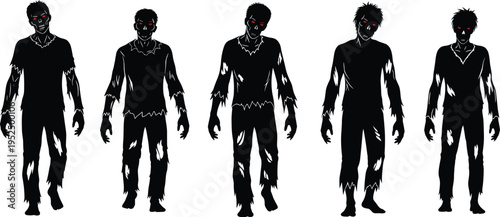 Scary zombie characters collection with glowing eyes, undead horror monsters standing poses, Halloween apocalypse illustration set
